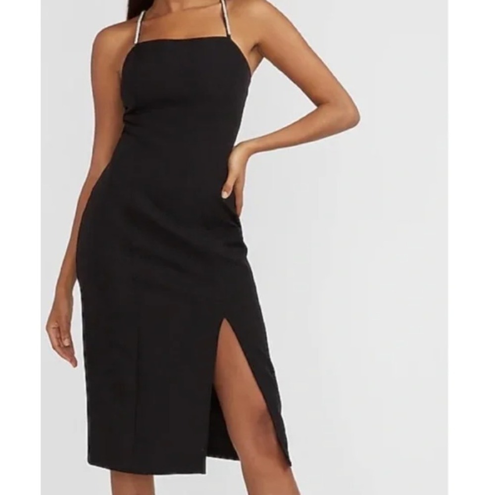 Black Midi Dress Rhinestone Straps Square Neck Side Slit Elegant Cocktail Party